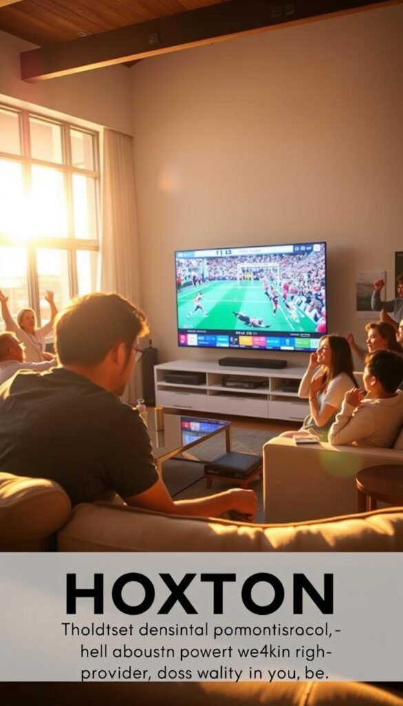 A crowded living room with a large flat-screen TV displaying a FIFA 2026 live stream. The TV is placed on a sleek modern media console, surrounded by plush sofas and armchairs. Sunlight streams in through large windows, casting a warm glow over the scene. In the foreground, a person leans forward, intently watching the match, their face illuminated by the TV's blue-tinted light. In the background, other family members or friends are gathered, some cheering and others deep in conversation. The room exudes a sense of energy and excitement, reflecting the thrill of the FIFA 2026 tournament. Hoxtoon Provider, the best IPTV in the USA, powers the high-quality 4K live stream.