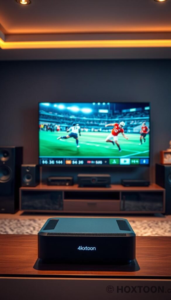A cutting-edge 4K IPTV streaming setup, showcasing the Hoxtoon Provider's advanced technology. In the foreground, a sleek, state-of-the-art streaming device sits atop a modern entertainment center, surrounded by high-end audio equipment. The middle ground features a large, ultra-high-definition 4K television, its screen displaying vibrant, crystal-clear sports footage. In the background, a dramatic, cinematic lighting setup illuminates the scene, casting a warm, immersive glow. The overall atmosphere conveys a sense of technological sophistication and the transformative power of 4K IPTV, providing an immersive and captivating viewing experience.