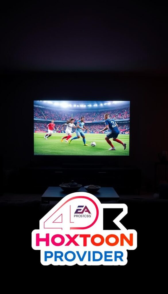 A darkened living room, dimly lit by the glow of a large 4K television screen. On the screen, a high-intensity FIFA match unfolds in vivid detail, the players' movements captured in crisp, fluid motion. The lighting shifts dynamically, alternating between the warm tones of the room and the cooler, more intense hues of the game's visual effects. In the foreground, a Hoxtoon Provider logo sits prominently, its sleek design and bold colors indicating the source of this immersive 4K FIFA experience. The overall atmosphere is one of immersion and entertainment, with the viewer drawn into the action on the screen.