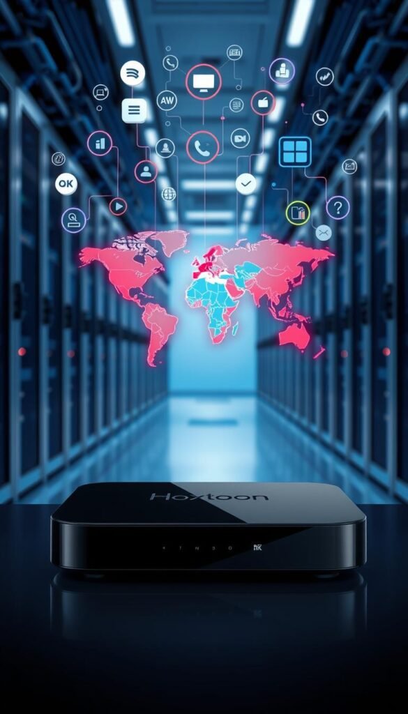 A detailed 4K IPTV technology illustration with a sleek, modern aesthetic. In the foreground, a cutting-edge Hoxtoon Provider set-top box with clean lines and a glossy black finish. Floating above it, an array of digital data streams and connectivity icons, showcasing the seamless integration of IPTV. The middle ground features a stylized world map, with vibrant regions of Latin America highlighted, emphasizing the global reach of the Hoxtoon service. In the background, a softly-lit technical environment with server racks, cables, and a serene blue color palette, conveying the robust infrastructure powering the IPTV experience. Crisp lighting and a slight depth-of-field blur create a sense of depth and professionalism.