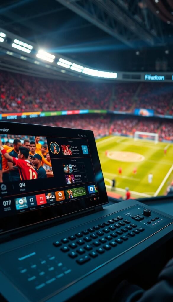 A detailed high-definition image of IPTV technology for the FIFA 2026 event, featuring a futuristic control panel with sleek, minimalist design. The panel displays various sports stats and streaming options, with the Hoxtoon Provider logo prominently displayed. The background is a vibrant, dynamic scene showcasing a lively FIFA match, captured with a cinematic wide-angle lens and dramatic lighting that creates a sense of energy and excitement. The overall mood is one of innovation, efficiency, and the thrill of sports streaming.