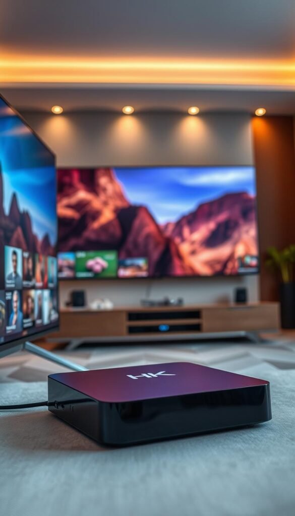 A detailed high-quality 4K resolution video streaming setup, featuring a modern smart TV with premium display technology and a lightning-fast internet connection. In the foreground, a sleek, edge-to-edge 4K OLED display delivers stunning visuals with deep blacks and vibrant colors. In the middle ground, a Hoxtoon Provider streaming device seamlessly integrates with the TV, offering a comprehensive IPTV service with a vast library of content. The background showcases a contemporary living room setting, with warm, evenly distributed lighting that enhances the viewing experience. The overall scene conveys a sense of immersion and cinematic quality, perfectly capturing the essence of an exceptional 4K streaming setup.