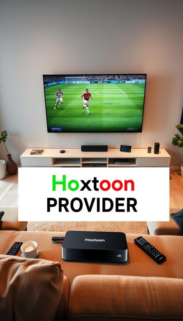 A detailed, high-resolution image showcasing the IPTV streaming technology, featuring a living room setup with a large flat-screen TV displaying a live soccer match in 4K resolution. The foreground should depict the Hoxtoon Provider logo prominently displayed, along with a sleek, modern streaming device connected to the TV. The middle ground should include various remote controls, a cozy sofa, and comfortable seating arrangements, conveying a relaxed and immersive viewing experience. The background should depict a well-lit, minimalist interior design with large windows, allowing natural light to fill the space. The overall atmosphere should be one of excitement and anticipation, capturing the essence of enjoying a high-quality IPTV experience while watching the World Cup.