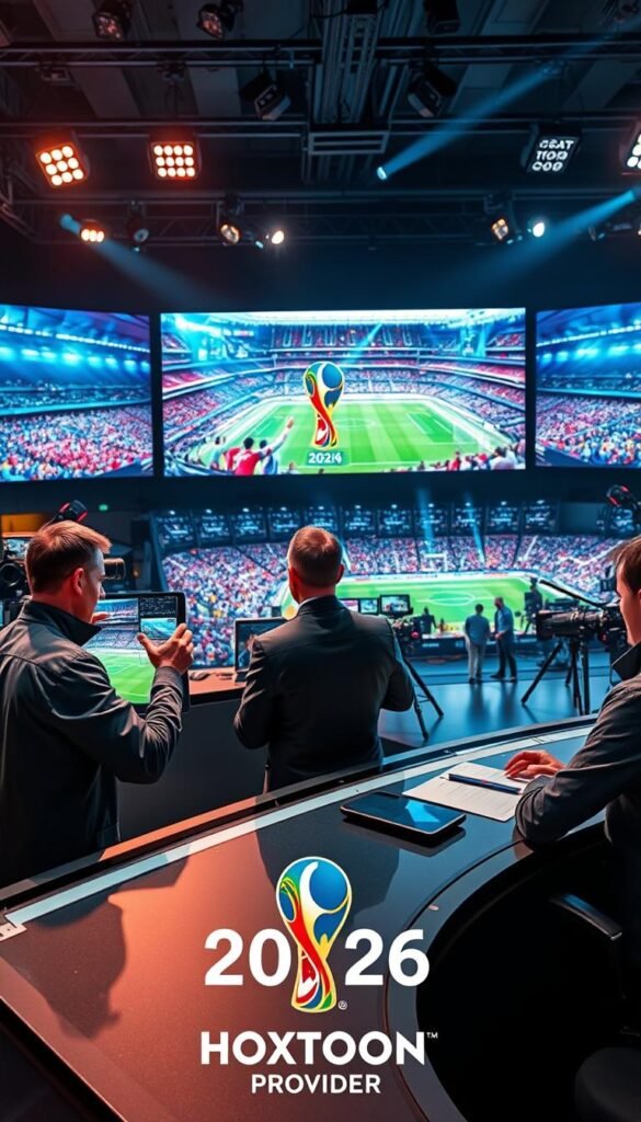 A detailed sports broadcast scene depicting the 2026 World Cup coverage. In the foreground, a group of professional sportscasters huddle around a large, high-definition touchscreen display, gesturing animatedly as they analyze match highlights. The middle ground features a bustling production crew operating cameras, lighting, and audio equipment, creating a sense of energy and anticipation. In the background, a massive LED screen displays vibrant, panoramic views of the various host stadiums across the globe, showcasing the scale and global reach of the tournament. The lighting is a blend of warm, natural tones and cool, theatrical spotlights, creating a dynamic and visually compelling environment. The Hoxtoon Provider logo is prominently displayed, highlighting their comprehensive coverage of the 2026 World Cup.