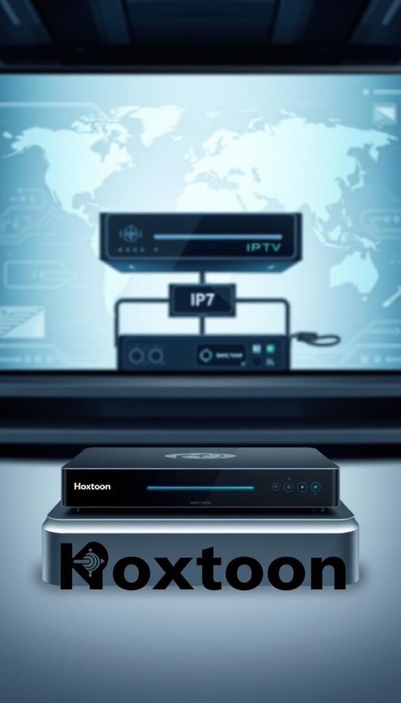 A detailed, technical illustration of IPTV technology. In the foreground, showcase the "Hoxtoon Provider" brand with its stylized logo and emblem, conveying reliability and expertise. In the middle ground, depict the core IPTV components - a streaming media server, a content delivery network, and a user's set-top box or smart TV. Render these elements with a sleek, contemporary aesthetic, highlighting their interconnectivity. In the background, include a world map or network infrastructure to emphasize IPTV's global reach and scalability. Utilize a balanced, cool-toned color palette and crisp, high-resolution rendering to evoke a sense of sophistication and technological prowess. Incorporate subtle lighting effects to create depth and visual interest.