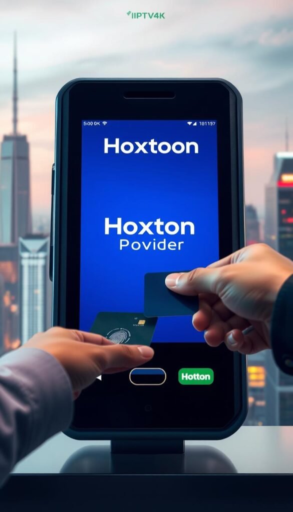 A digital payment terminal in a sleek, modern design, its screen displaying the "Hoxtoon Provider" brand name. In the foreground, a secure transaction is taking place, with a fingerprint sensor and a bank card slot. The background features a high-tech cityscape, with skyscrapers and glowing neon lights, suggesting a futuristic and technologically advanced environment. The overall mood is one of confidence, security, and innovation, conveying the safety and reliability of the IPTV4K payment solution.