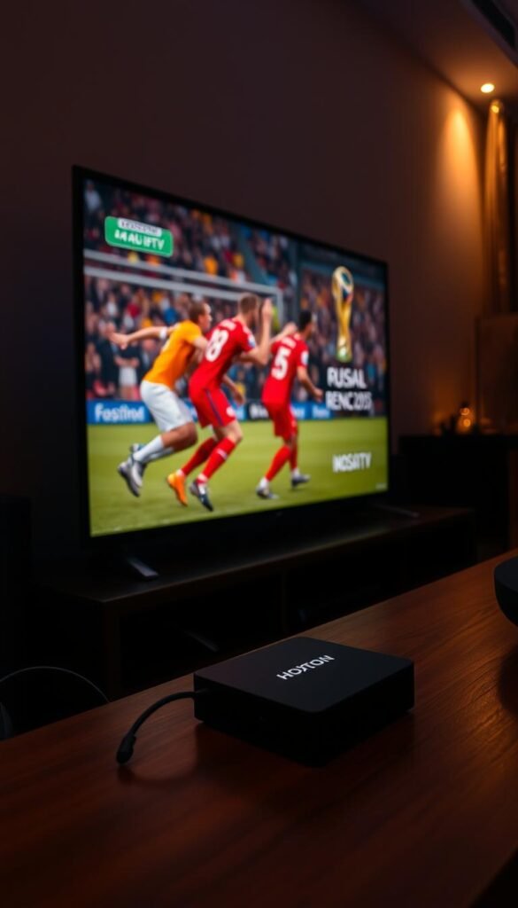 A dimly lit home entertainment setup with a 4K IPTV device prominently displayed, connected to a large flatscreen TV. The screen shows a match from the FIFA World Cup, with players in vibrant uniforms and the iconic trophy visible. Hoxtoon Provider's branding is tastefully integrated into the scene, conveying its role as a premier 4K IPTV service for global FIFA coverage. The room is bathed in a warm, cinematic lighting, creating a cozy and immersive atmosphere for the ultimate FIFA streaming experience.