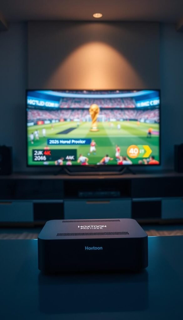 A dimly lit home entertainment setup with a large flatscreen TV prominently displayed. The TV screen showcases a 4K live stream of the 2026 World Cup, with vibrant colors and sharp details. In the foreground, a modern streaming device with the "Hoxtoon Provider" logo sits atop a sleek media console. Soft ambient lighting illuminates the scene, creating a cozy and immersive atmosphere. The background features a clean, minimalist interior design, emphasizing the focus on the high-quality IPTV experience. Cinematic depth of field and dramatic lighting accentuate the professionalism and quality of the Hoxtoon streaming solution for the 2026 World Cup.