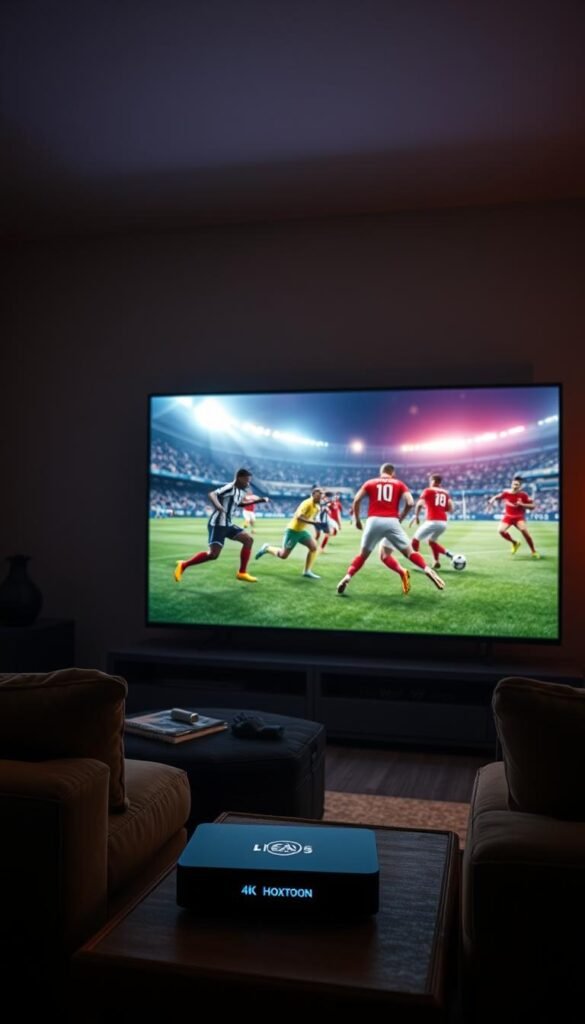 A dimly lit living room, the glow of a large 4K television illuminating the space. On the screen, the fluid motions of professional footballers as they compete in an intense FIFA match, the action unfolding in stunning detail. In the foreground, a comfortable sofa and side table, with a Hoxtoon Provider set-top box discreetly placed, enabling this immersive 4K sports viewing experience. The room is bathed in a warm, cinematic light, creating a sense of atmosphere and anticipation as the game unfolds. The camera angle is slightly elevated, providing a panoramic view of the scene, capturing the full scope of the 4K display and the engaged viewer's setup.