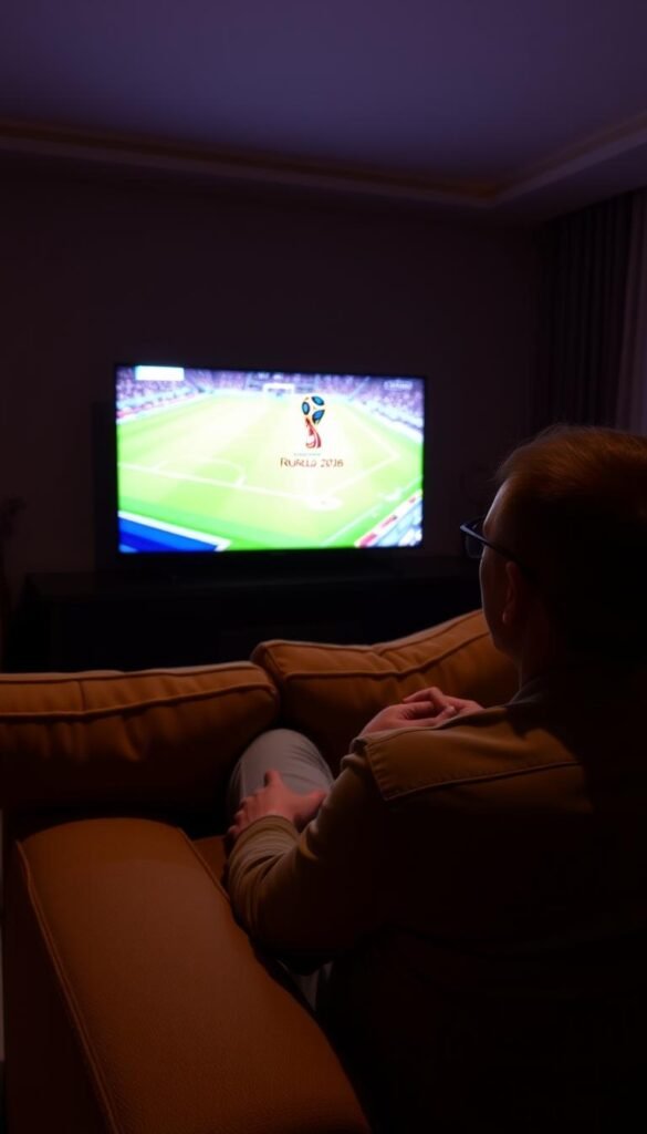 A dimly lit living room, the glow of a television screen casting a warm light across the room. On the screen, the FIFA World Cup 2026 logo appears, signaling the start of a highly anticipated match. The viewer, seated comfortably on a plush sofa, their eyes fixed on the action, is using the Hoxtoon Provider streaming service to watch the game. The room is filled with a sense of anticipation and the excitement of the moment, the viewer's expression reflecting the intensity of the match.