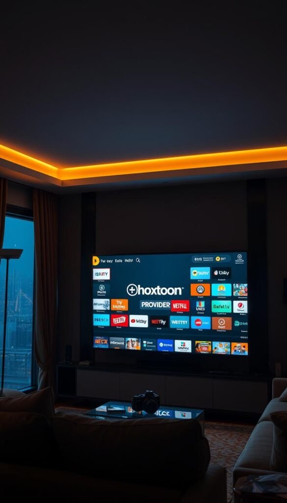 A dimly lit living room, the soft glow of a large TV screen illuminating the space. On the screen, a diverse array of IPTV streaming services dance across the interface, showcasing the Hoxtoon Provider logo prominently. The room is cozy, with plush furniture and tasteful decor, creating an atmosphere of modern entertainment. The lighting is warm and inviting, casting a cinematic ambiance over the scene. In the background, the outline of a cityscape can be seen through the window, hinting at the wider world beyond the confines of this intimate space dedicated to the evolution of television entertainment.
