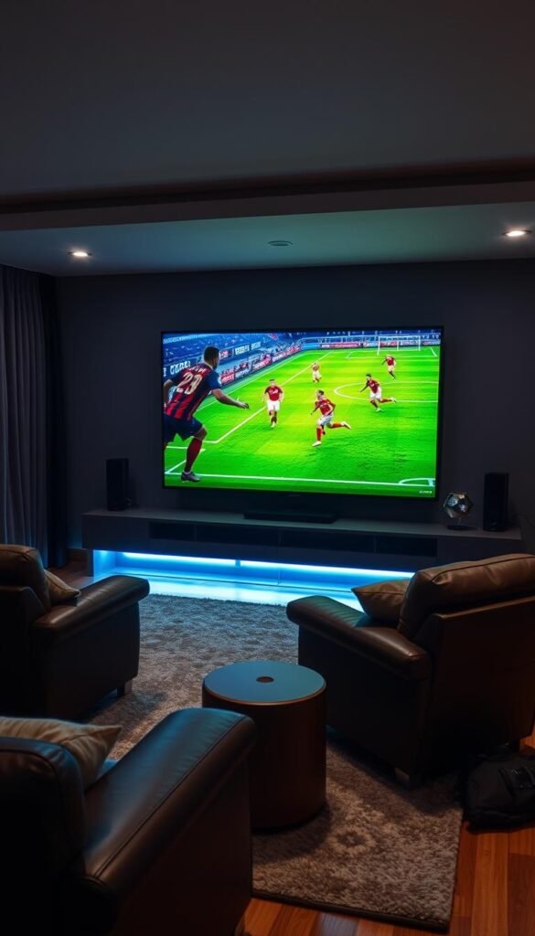 A dimly lit living room, with a large 4K IPTV screen displaying a captivating soccer match. The vibrant colors of the players' jerseys, the lush green of the pitch, and the dynamic camera angles create an immersive viewing experience. Hoxtoon Provider's high-quality streaming service delivers every detail in stunning resolution, transporting the viewer right into the heart of the game. Comfortable leather armchairs, a plush area rug, and soft mood lighting set the perfect ambiance for an evening of soccer enthusiasts' delight. The room's sophisticated design and attention to technological prowess showcase the game-changing 4K IPTV experience Hoxtoon Provider offers.