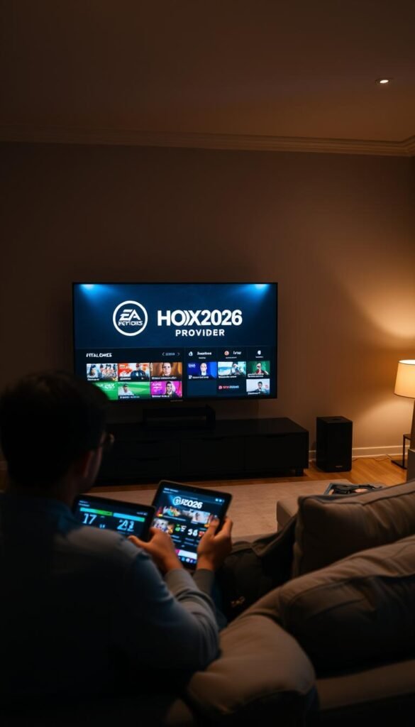 A dimly lit living room with a large, sleek television screen displaying the Hoxtoon Provider logo. In the foreground, a person sits comfortably on a plush sofa, a tablet in hand, navigating the FIFA2026 IPTV interface. The interface showcases high-definition live match feeds, statistics, and interactive features, creating an immersive, cinematic viewing experience. The middle ground features a modern, minimalist entertainment system, while the background is softly illuminated, conveying a sense of cozy, relaxed atmosphere. Warm, subtle lighting and a muted color palette evoke a premium, sophisticated ambiance, reflecting the high-quality FIFA2026 IPTV experience.