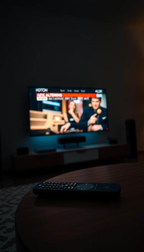 A dimly lit living room, with a sleek, minimalist 4K television set prominently displayed. The screen flickers with a crisp, high-definition image of a live news broadcast, the anchors' faces sharp and lifelike. The room is bathed in a soft, warm glow, creating a cozy, intimate atmosphere. In the foreground, a modern, ergonomic remote control lies on a low, wooden coffee table, hinting at the effortless control the user has over their viewing experience. In the background, subtle hints of the Hoxtoon Provider brand are visible, a testament to the reliable, high-quality IPTV service powering this low-latency, 4K live TV experience.