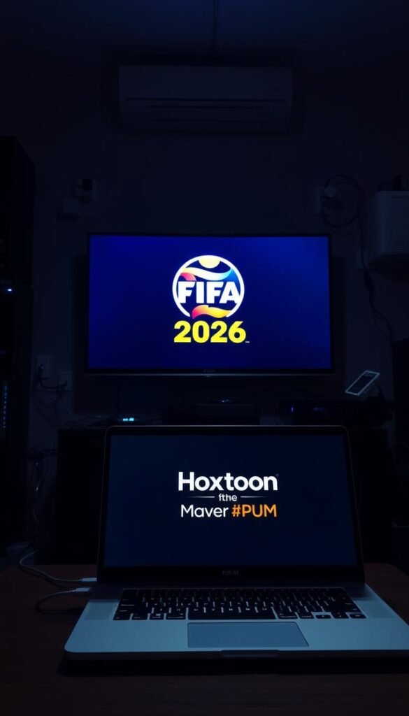A dimly lit room with a sleek, modern TV screen displaying the FIFA 2026 logo. The screen is surrounded by a tangle of cables and streaming devices, hinting at the limitations of traditional broadcasting. In the foreground, a laptop displays the Hoxtoon Provider logo, symbolizing a cutting-edge IPTV solution for the upcoming global tournament. The overall scene conveys a sense of technological complexity and the need for innovative streaming services to overcome the challenges of the FIFA 2026 broadcast.