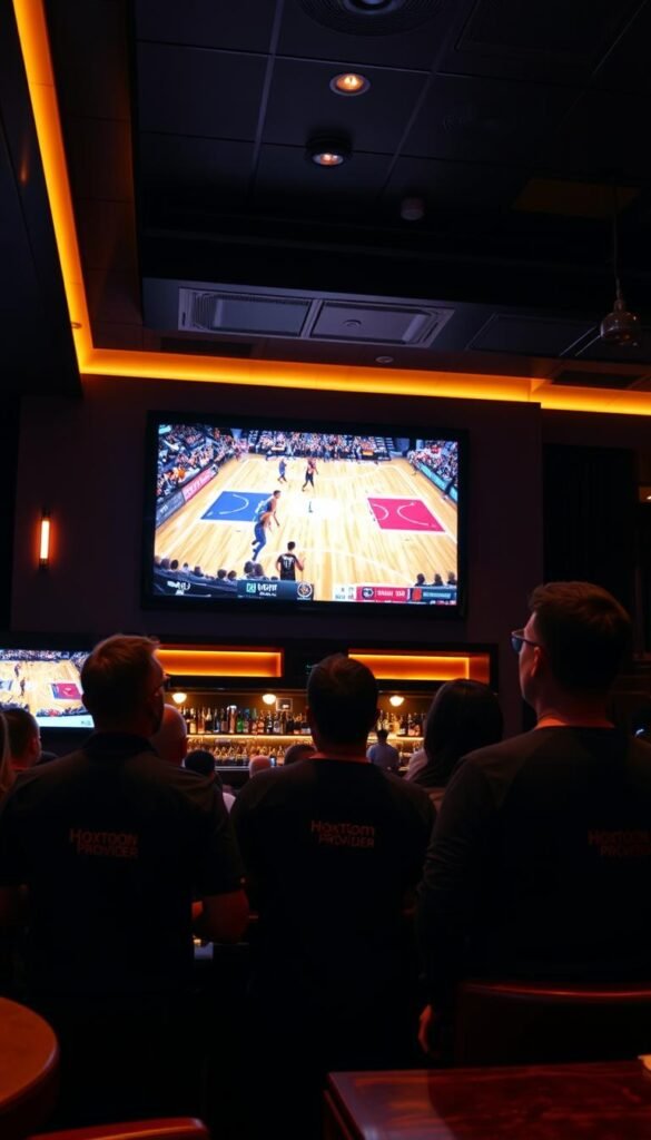 A dimly lit sports bar interior with a large 4K OLED television mounted on the wall, showcasing a thrilling basketball game in vivid, ultra-high definition. The lighting is warm and inviting, with subtle ambient illumination highlighting the sleek, modern decor. In the foreground, a group of sports enthusiasts wearing Hoxtoon Provider branded apparel are engrossed in the game, their expressions a mix of excitement and concentration. The middle ground features high-end sports bar furnishings, including plush leather seating and a polished hardwood bar. In the background, the room extends outward, revealing additional televisions and a bustling atmosphere that caters to the ultimate 4K sports viewing experience.