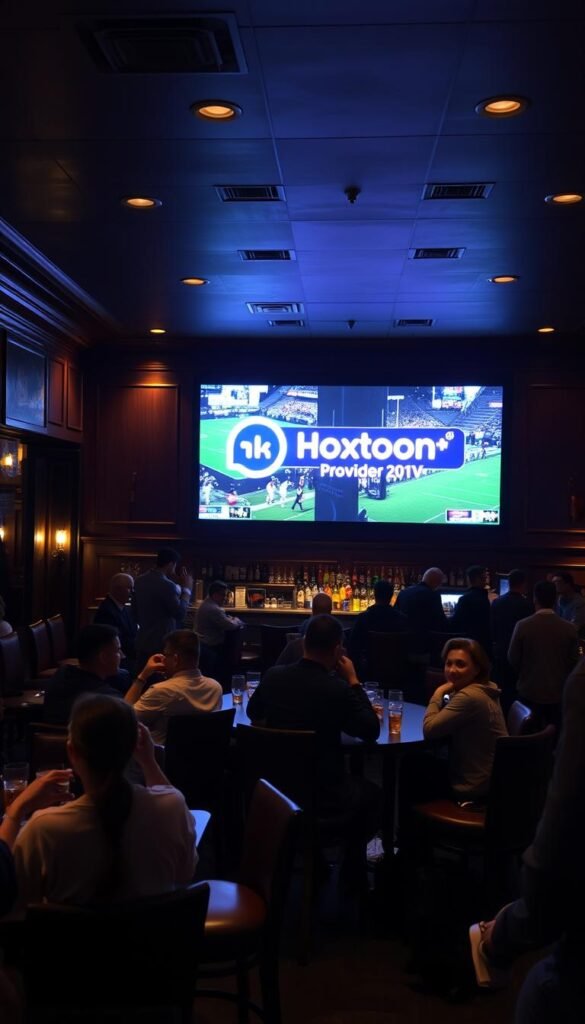 A dimly lit sports bar interior, with patrons seated around high tables and a large 4K IPTV screen displaying a live sports event. The Hoxtoon Provider logo is prominently displayed on the screen, casting a soft glow across the room. The atmosphere is electric, with the sound of cheering and the clinking of glasses creating a lively ambiance. The lighting is warm and inviting, drawing attention to the detailed wood paneling and leather upholstery. The camera angle captures the scene from a slightly elevated perspective, providing a panoramic view of the bustling establishment.