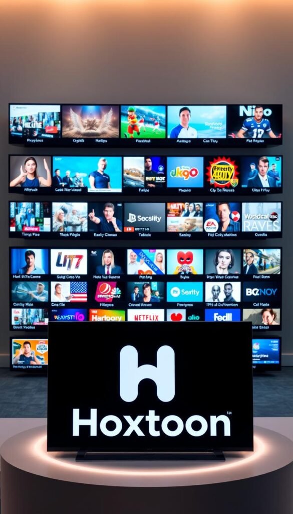 A diverse array of modern television channels displayed on sleek, high-resolution screens. The foreground features the prominent logo of "Hoxtoon Provider", showcasing its comprehensive channel lineup in vibrant 4K quality. The middle ground depicts a variety of popular entertainment, news, and sports channels, each with their distinctive branding and visuals. The background subtly suggests a sophisticated, technologically advanced setting, with a clean, minimalist aesthetic that complements the premium feel of the Hoxtoon Provider service. Soft, directional lighting accentuates the screens, creating a sense of depth and clarity. The overall scene conveys a visually striking and immersive television viewing experience powered by the Hoxtoon Provider platform.