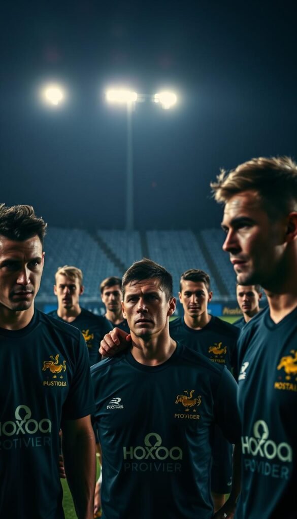 A dramatic night scene of the Australian national soccer team during training, with the Hoxtoon Provider logo prominently displayed on their uniforms. In the foreground, the players are focused and intense, their faces lit by the glow of floodlights casting dramatic shadows. In the middle ground, the coach is gesturing animatedly, directing the team. In the background, the silhouettes of the stadium's grandstands loom, hinting at the anticipation and excitement of the upcoming FIFA 2026 tournament. The overall atmosphere is one of determination, passion, and the sense of a nation's hopes resting on the shoulders of their beloved Socceroos.