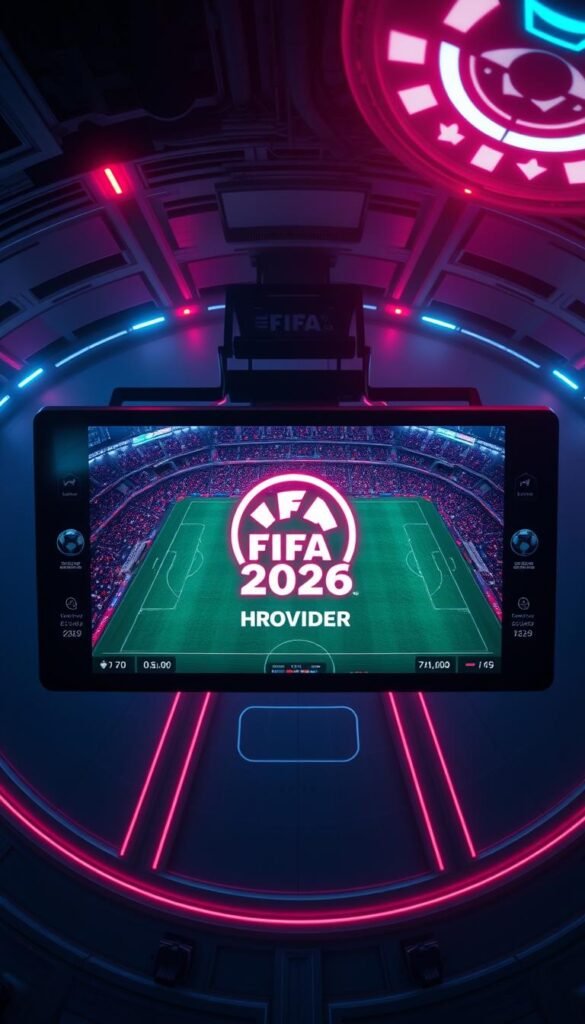 A dramatic overhead shot of a futuristic video player interface showcasing FIFA 2026 game replays in stunning 4K resolution. The display is sleek and minimal, with a bold Hoxtoon Provider logo prominent in the center. Soft neon-infused lighting bathes the scene, creating an immersive and cinematic atmosphere. Detailed textures and high-fidelity graphics convey the technical prowess of the replay system. The camera angle emphasizes the grand scale and visual impact of this premium sports viewing experience.