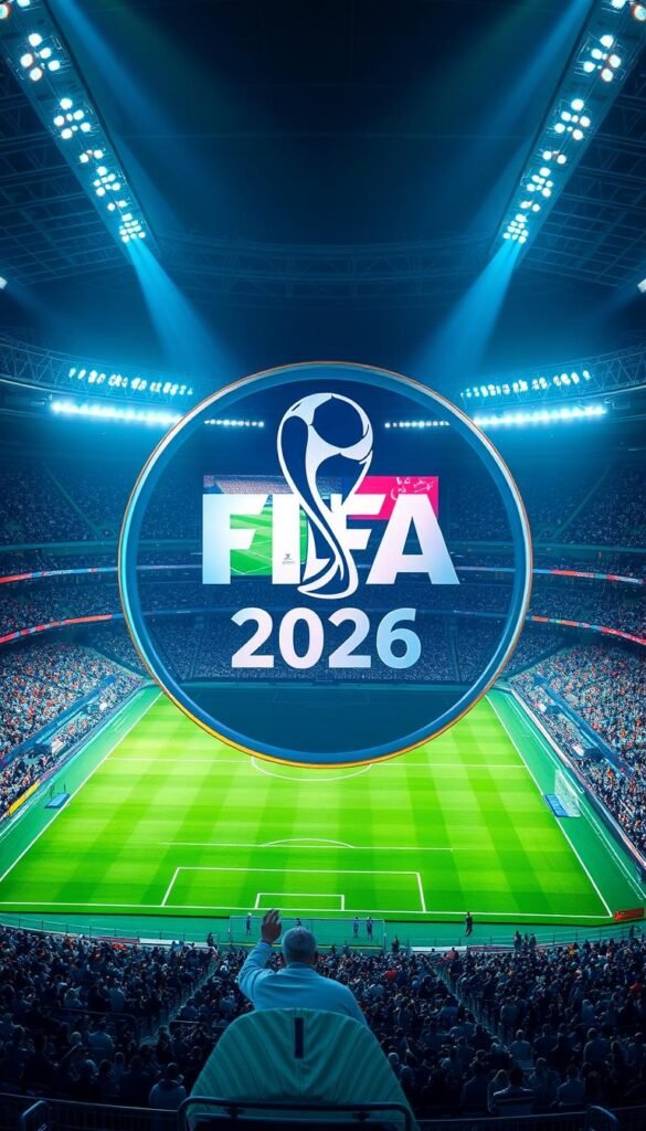 A dynamic FIFA 2026 logo centered in 4K resolution, rendered with a semi-transparent glass-like material and subtle holographic effects. In the background, a vast stadium with photorealistic spectator crowds and a vibrant 4K video feed projected onto a massive screen, showcasing the latest Hoxtoon Provider live streaming technology. Dramatic studio lighting casts dramatic shadows, conveying the intensity and grandeur of the FIFA World Cup experience.