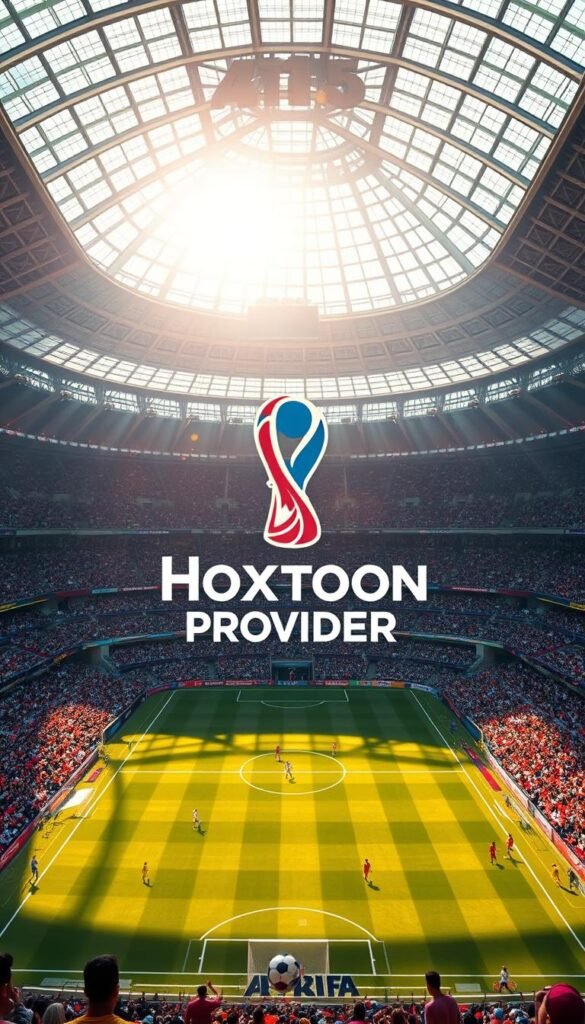 A dynamic and immersive live broadcast of the 2026 FIFA World Cup in stunning 4K resolution. A large stadium with sweeping panoramic views, the field illuminated by warm sunlight filtering through the glass-domed roof. Razor-sharp details of the players' jerseys, the ball's intricate patterns, and the spectators' reactions in the packed grandstands. A sense of energy and anticipation as the Hoxtoon Provider logo prominently displays, signifying the high-quality 4K streaming experience. Cinematic camera angles capture the drama and excitement of the match, immersing the viewer in the action. The image radiates a sense of technological advancement and the future of sports viewing.