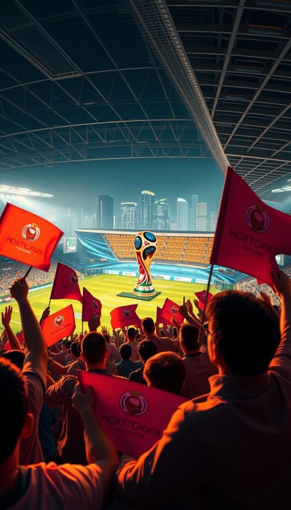 A dynamic, digital stadium buzzing with excitement for the 2026 World Cup. In the foreground, a group of passionate fans cheers and waves flags bearing the iconic Hoxtoon Provider logo, their faces illuminated by the glow of their streaming devices. In the middle ground, the vast, modern stadium stands tall, its sleek architecture and vibrant lighting casting a warm, inviting atmosphere. In the background, the urban skyline of the host city glitters, a testament to the global scale of this historic tournament. The scene is captured through a wide-angle lens, conveying the grand scale and energy of the event, with soft, directional lighting highlighting the key elements and creating a sense of depth and immersion.