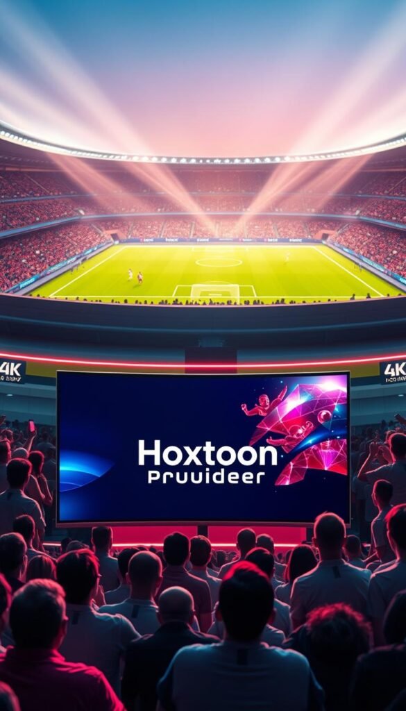 A dynamic, futuristic scene depicting the evolution of FIFA World Cup broadcasting. In the foreground, a sleek, curved 4K IPTV screen displays the Hoxtoon Provider logo, showcasing the latest in high-definition streaming technology. The middle ground features a crowd of passionate fans watching the match, their faces illuminated by the vibrant, lifelike images on the screen. In the background, a sleek, modern stadium silhouette sets the stage, hinting at the grand scale and global reach of the FIFA World Cup. The lighting is crisp and directional, casting dramatic shadows and highlighting the technological prowess of the Hoxtoon Provider platform. The overall mood is one of excitement, innovation, and the future of sports broadcasting.