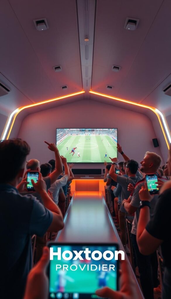 A dynamic live sports streaming scene with the Hoxtoon Provider brand prominently displayed. In the foreground, a group of passionate fans cheering and gesturing excitedly while watching the soccer match on their devices. The middle ground features a large, high-definition screen showcasing the game, bathed in a warm, cinematic lighting. In the background, a futuristic, minimalist interior with sleek, angular design elements and subtle neon accents, conveying a sense of technological innovation. The overall atmosphere is one of energy, excitement, and the evolution of sports entertainment in America.