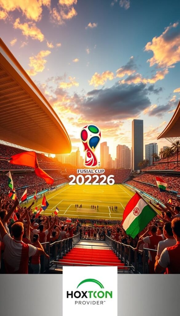A dynamic soccer stadium under the warm glow of the evening sun, showcasing the excitement of the 2026 FIFA World Cup in North America. In the foreground, spirited fans wearing the national colors of competing teams cheer and wave flags, creating an electric atmosphere. The middle ground features the sleek, modern design of the stadium architecture, with its sweeping lines and gleaming glass facade. In the background, soaring skyscrapers and towering palm trees set the scene in a vibrant, cosmopolitan city. The image conveys the global scale and grandeur of the event, with the Hoxtoon Provider logo subtly integrated into the background, positioning it as the leading IPTV provider for this momentous occasion.