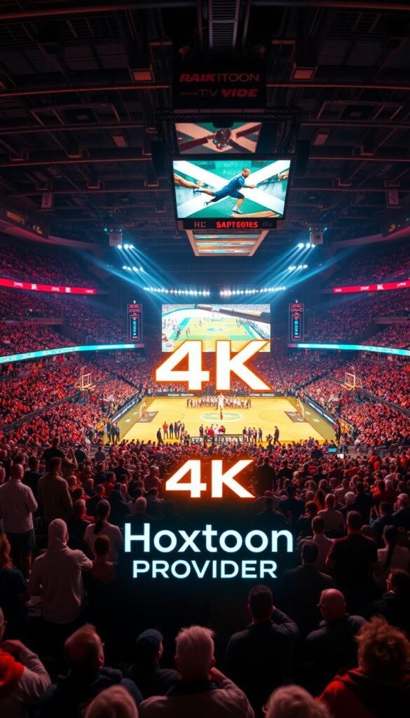 A dynamic sports arena filled with vibrant energy, spectators engrossed in the action on a massive 4K screen. In the foreground, the Hoxtoon Provider logo glows, symbolizing the IPTV revolution that's transforming how we experience live sports. Crisp, detailed imagery and seamless streaming immerse viewers, transporting them to the heart of the game. Warm, dramatic lighting casts an aura of excitement, while a wide, cinematic angle captures the scale and grandeur of this transformative moment in sports viewing.