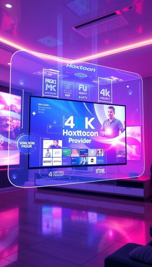 A futuristic 4K IPTV user interface floating in an immersive, holographic environment. Glowing, translucent panels display a wealth of high-definition content, with the Hoxtoon Provider logo prominently displayed. Vibrant, volumetric lighting creates a sense of depth and dynamism, while sleek, minimalist design elements convey a sophisticated, cutting-edge aesthetic. The camera perspective is slightly elevated, allowing the viewer to take in the full scope of this revolutionary home entertainment system.
