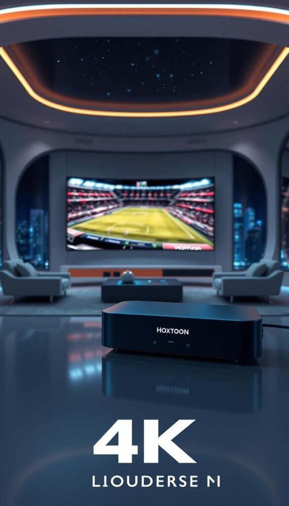 A futuristic 4K World Cup streaming experience, showcasing the evolution of broadcasting. In the foreground, a sleek, high-tech streaming device bearing the "Hoxtoon Provider" logo, displaying a vivid, ultra-high-definition match on a large, curved screen. The middle ground features a modern, minimalist living room setting, with comfortable seating and subtle ambient lighting, creating an immersive and luxurious viewing environment. The background depicts a cityscape skyline, hinting at the global reach and scale of the World Cup event, with skyscrapers and a starry night sky. The overall mood is one of technological sophistication, seamless connectivity, and a sense of exclusivity, catering to the VIP experience of 4K World Cup streaming.
