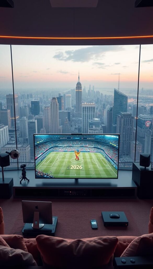 A futuristic 4K viewing experience of the 2026 FIFA World Cup, showcasing the cutting-edge technology offered by Hoxtoon Provider. A sleek, minimalist setup with a large ultra-high-definition display takes center stage, surrounded by sleek, modern devices and equipment. Soft, ambient lighting casts a warm glow, creating a comfortable and immersive atmosphere. In the background, a panoramic view of a bustling city skyline, hinting at the global reach and accessibility of the Hoxtoon streaming platform. The overall scene conveys a sense of premium quality, advanced capabilities, and the ultimate in 4K FIFA viewing pleasure.