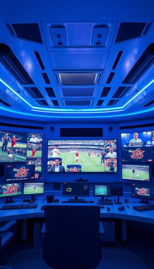 A futuristic control room with numerous 4K screens displaying a diverse array of sports channels from the Hoxtoon Provider platform. The room is bathed in a cool, blue-tinted lighting, creating a sleek and high-tech ambiance. In the foreground, a large central screen showcases a live event, with dynamic camera angles and crystal-clear resolution. The middle ground features several smaller screens cycling through various sports coverage, from soccer and basketball to Formula 1 and tennis. In the background, a wall-mounted server rack and various input/output devices suggest the advanced technical infrastructure powering the Hoxtoon's comprehensive sports offering. The overall scene conveys a sense of cutting-edge technology, impressive depth of content, and a commitment to delivering an exceptional 4K sports viewing experience to Hoxtoon customers.