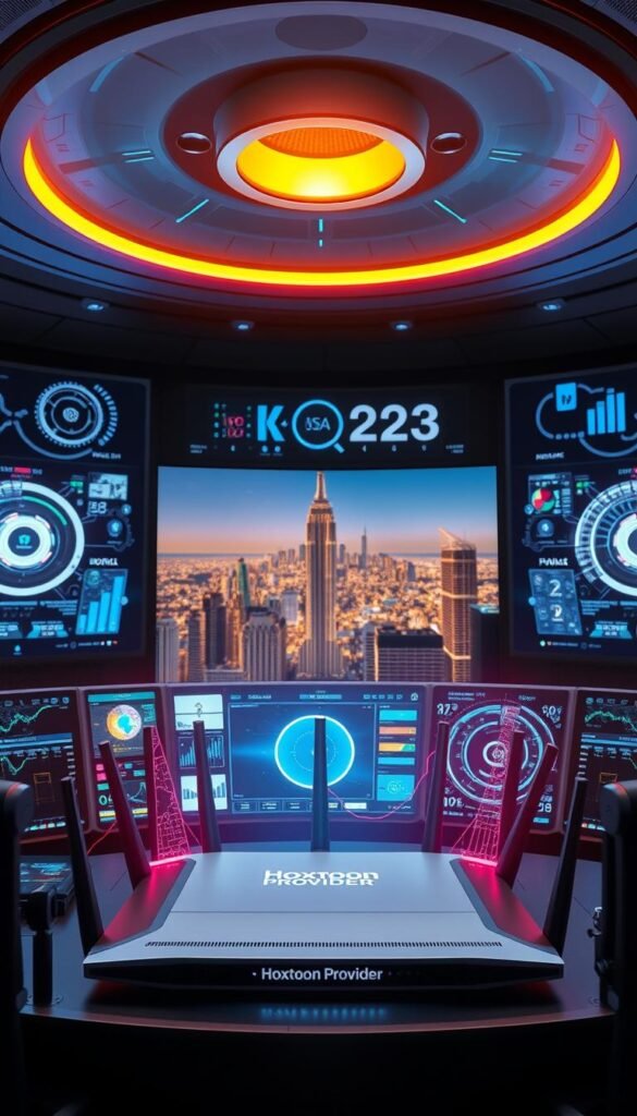 A futuristic digital control center with holographic displays, intricate data visualizations, and sleek interfaces. In the foreground, a high-tech router emblazoned with the "Hoxtoon Provider" logo. Overhead, a circular light fixture casts a warm glow, illuminating the scene. In the background, a panoramic view of a modern city skyline, hinting at the global reach of IPTV technology. The entire composition has a sense of technological sophistication and cutting-edge innovation, befitting the FIFA 2026 sports streaming experience.
