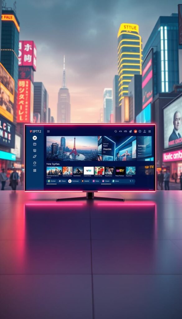 A futuristic high-definition IPTV streaming service unfolds before the viewer. In the foreground, a sleek, minimalist interface showcases vivid, lifelike video playback on a modern, edge-lit display. The middle ground features an array of streaming content options, icons, and a clean, intuitive control scheme. In the background, a dynamic, neon-infused cityscape with towering skyscrapers and digital billboards sets the stage for the cutting-edge Hoxtoon Provider IPTV experience. Warm, directional lighting and a vibrant, hyper-real color palette convey a sense of advanced, immersive entertainment technology.