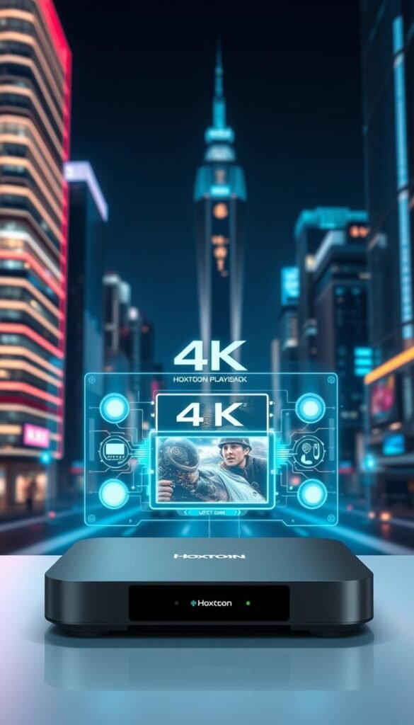 A futuristic, high-tech 4K IPTV system with seamless playback and no buffering. In the foreground, a sleek, minimalist set-top box with the Hoxtoon Provider logo prominently displayed. Behind it, a detailed schematic diagram showcasing the internal components and advanced networking capabilities that enable the buffer-free 4K streaming. The middle ground features a vibrant, holographic user interface with crisp, detailed 4K video playback. In the background, a cityscape with towering skyscrapers bathed in neon lights, symbolizing the urban connectivity and high-speed internet infrastructure required for this cutting-edge IPTV technology. The overall scene conveys a sense of futuristic innovation, efficiency, and the promise of an immersive, lag-free 4K viewing experience.