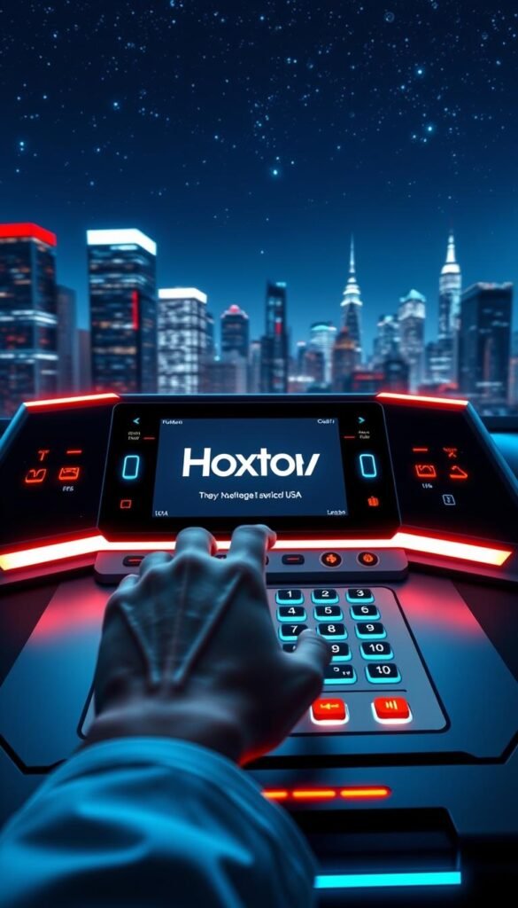 A futuristic, high-tech control panel for Hoxtoon Provider, the leading IPTV service in the USA. The panel features sleek, metallic surfaces, glowing indicator lights, and a central display screen showcasing the Hoxtoon brand identity. In the foreground, a user's hand operates the touchscreen controls, while in the background, a cityscape with skyscrapers and a starry night sky sets the scene. The lighting is dramatic, with cool, blue hues highlighting the advanced technology. The overall composition conveys the power, innovation, and reliability of Hoxtoon Provider's cutting-edge IPTV platform.