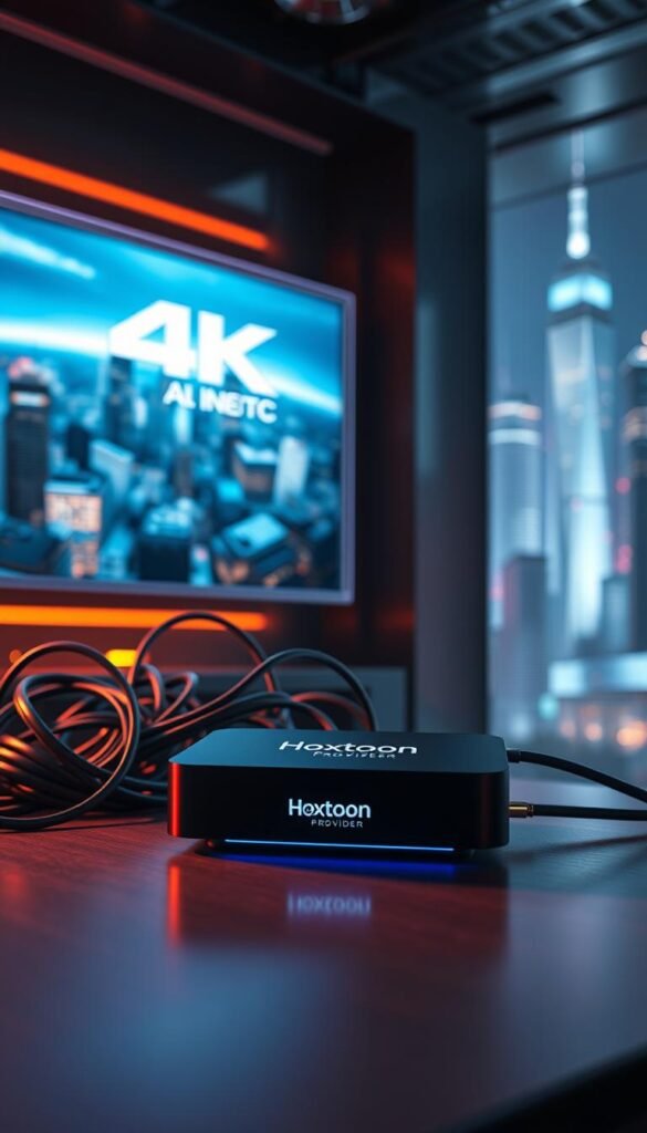 A futuristic, high-tech scene depicting the evolution of television, from traditional cable to the cutting-edge IPTV technology. In the foreground, a sleek, minimalist IPTV set-top box with the "Hoxtoon Provider" logo prominently displayed. Behind it, a holographic display showcases a vibrant 4K TV image, representing the enhanced viewing experience. The middle ground features a tangle of cables and wires, symbolizing the transition from the old to the new. In the background, a cityscape of skyscrapers and glowing neon lights, conveying a sense of progress and innovation. The scene is illuminated by a soft, warm lighting, creating a futuristic and immersive atmosphere.