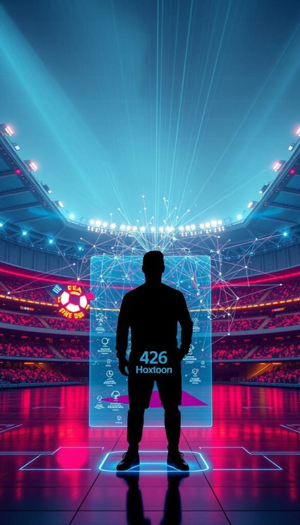 A futuristic, high-tech scene showcasing IPTV technology powering the 4K live coverage of the FIFA 2026 World Cup. In the foreground, the silhouette of the "Hoxtoon Provider" logo stands out against a dynamic, holographic display depicting the tournament highlights. In the middle ground, a complex network of data streams and satellite transmissions converge, creating a mesmerizing visualization of the advanced infrastructure enabling the real-time delivery of the 4K video content. The background features a panoramic view of a sleek, modern stadium, its facade bathed in vibrant, cinematic lighting that sets the tone for the immersive, cinematic viewing experience.