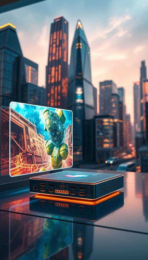 A futuristic, high-tech scene showcasing the evolution of 4K streaming technology. In the foreground, a sleek, holographic display projects a vivid, crystal-clear 4K video feed, its vibrant colors and intricate details captivating the viewer. In the middle ground, a cutting-edge media hub, the "Hoxtoon Provider", glows with an array of advanced ports and interfaces, symbolizing the seamless integration of 4K content delivery. The background features a towering, angular skyline of gleaming skyscrapers, bathed in the warm, cinematic lighting of a meticulously crafted virtual environment, evoking a sense of progress and technological advancement.