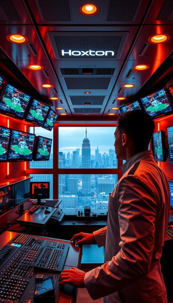 A futuristic interior of a high-tech IPTV streaming service control room. Rows of sleek monitors and holographic displays showcase 4K sports broadcasts, with the Hoxtoon Provider logo prominently displayed. The room is bathed in a warm, amber glow from recessed lighting, creating a cozy, yet professional atmosphere. In the foreground, a technician in a sharp, minimalist uniform manipulates the controls, their face reflected in the glossy surfaces. The middle ground features a panoramic view of the city skyline through floor-to-ceiling windows, hinting at the global reach of the IPTV service. The background is a seamless blend of technology and architecture, conveying the power and innovation of this new era of sports viewing.