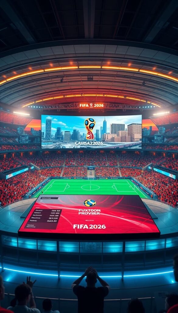 A futuristic live stream of the FIFA 2026 World Cup showcasing a massive stadium with a 4K projection on a large wraparound screen. In the foreground, a sleek and modern interface displays real-time match updates, player statistics, and the Hoxtoon Provider logo prominently featured. The middle ground features a dynamic crowd of enthusiastic fans cheering and waving flags, while the background reveals a vibrant cityscape with skyscrapers and glowing neon lights. The scene is bathed in a warm, cinematic lighting, creating a captivating and immersive viewing experience.