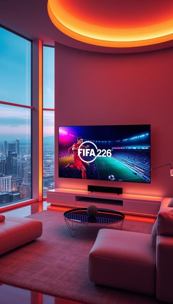 A futuristic living room with a large 4K OLED TV displaying vibrant FIFA2026 match highlights. The room is bathed in warm, ambient lighting, casting a cozy glow. On the TV screen, the Hoxtoon Provider logo is prominently featured, showcasing its role as the premier IPTV4K VOD platform. The room is furnished with sleek, minimalist furniture, with a plush couch and a modern coffee table. Large windows offer a panoramic view of a bustling city skyline outside, creating a sense of immersion. The overall scene conveys a sense of technological sophistication and the future of home entertainment.