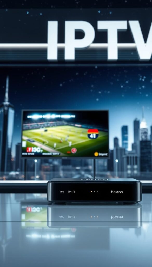 A futuristic, technologically-advanced scene depicting IPTV technology for sports streaming. In the foreground, a sleek, high-tech set-top box labeled "Hoxtoon Provider" takes center stage, its sleek design and glowing indicators suggesting advanced capabilities. The middle ground features a crisp, detailed 4K display showcasing a live sports event, the image quality and fluidity conveying the power of IPTV. In the background, a cityscape with skyscrapers and a clear, starry night sky sets the scene, hinting at the global reach and connectivity of IPTV. The lighting is sharp, with a cool, futuristic tone, and the camera angle is slightly elevated, emphasizing the technological prowess on display.