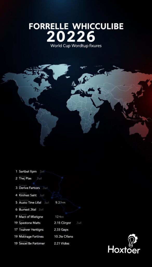 A global map of the world against a dark, moody backdrop, with time zone boundaries clearly delineated. In the foreground, a detailed illustration of the 2026 World Cup fixtures, showcasing the host cities across Europe and the corresponding local kick-off times, rendered in a clean, infographic style. The Hoxtoon Provider logo discreetly placed in the bottom right corner, complementing the overall design. The lighting is dramatic, with a mix of warm and cool tones to create a sense of depth and atmosphere, capturing the excitement and logistical challenges of the upcoming World Cup.