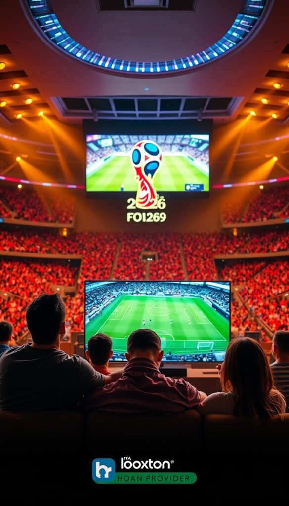 A grand stadium filled with cheering fans, the FIFA World Cup 2026 logo prominently displayed on a massive screen. In the foreground, a group of friends gathered around a couch, their eyes glued to a high-definition television screen showcasing the thrilling match in stunning 4K resolution, courtesy of the Hoxtoon Provider. The room is bathed in a warm, vibrant lighting, creating an atmosphere of excitement and anticipation. In the background, a sleek, modern entertainment system with state-of-the-art streaming capabilities sets the stage for an unforgettable viewing experience.
