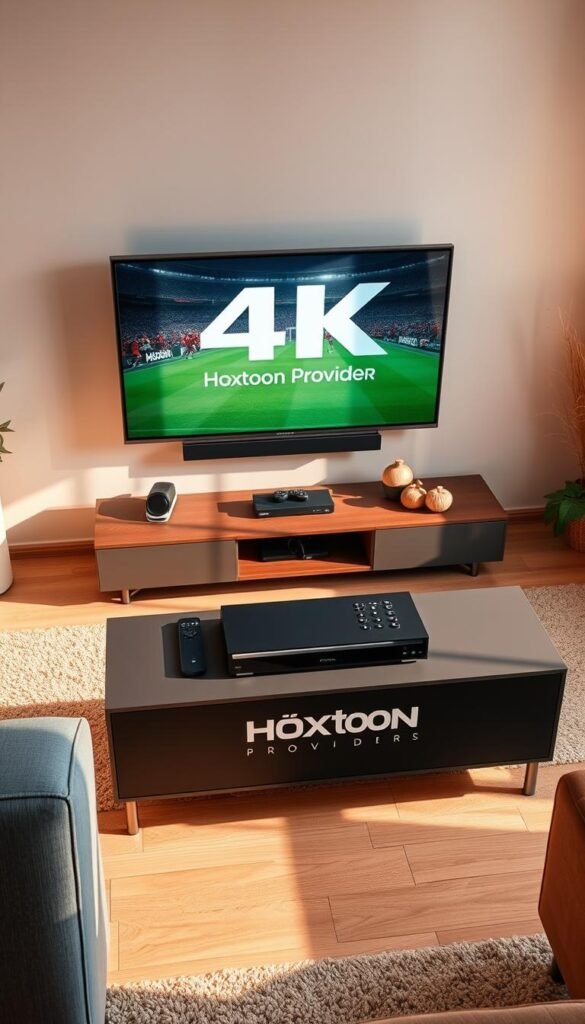 A high-angle view of a modern living room setup with a large 4K television mounted on the wall. In the foreground, a sleek media center with the Hoxtoon Provider logo prominently displayed. On the media center, a streaming device and a high-end cable box, indicating a professional 4K IPTV setup. The room is bathed in warm, natural lighting, creating a cozy and inviting atmosphere. The furniture and decor are stylish and minimalist, complementing the advanced technology. The overall scene conveys a sense of comfort and immersion, perfect for enjoying the World Cup in stunning 4K quality.