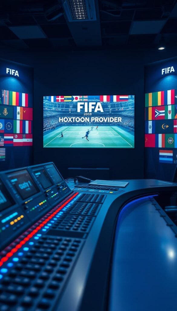 A high-contrast, cinematic image of the dynamic landscape of modern FIFA broadcasting rights. In the foreground, a sleek, metallic broadcasting console with rows of advanced digital controls and displays, illuminated by cool blue lighting. In the middle ground, a holographic projection of a FIFA match being broadcast live, players darting across a vibrant, photorealistic pitch. In the background, a mural-like collage of international flags, symbolizing the global reach of the sport, with the Hoxtoon Provider logo prominently featured. The scene conveys a sense of technological sophistication, the power of global media, and the ever-evolving world of sports broadcasting.